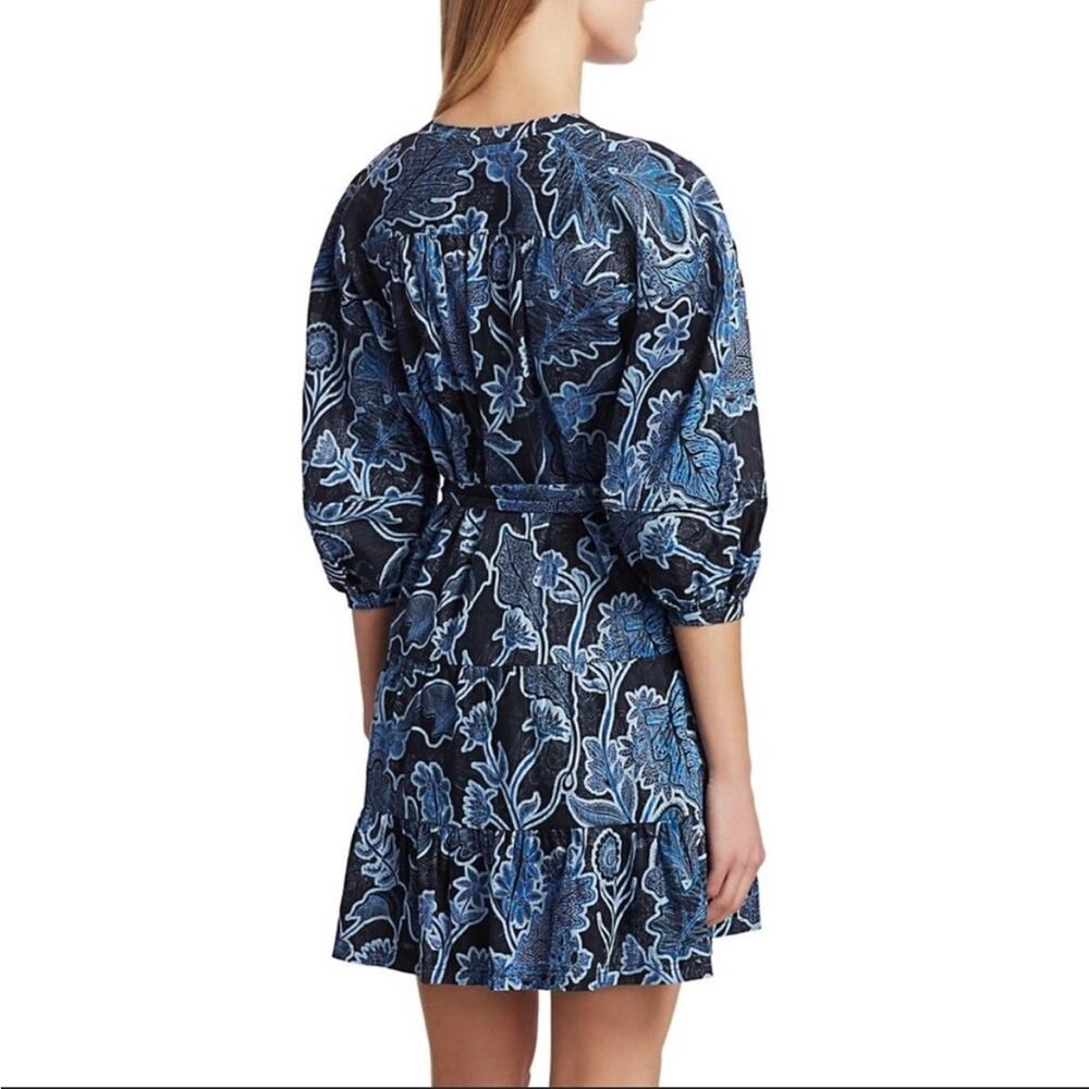Parker Women’s Blue & Black Floral 3/4 Sleeve Mini Dress Size Small - Picture 4 of 9